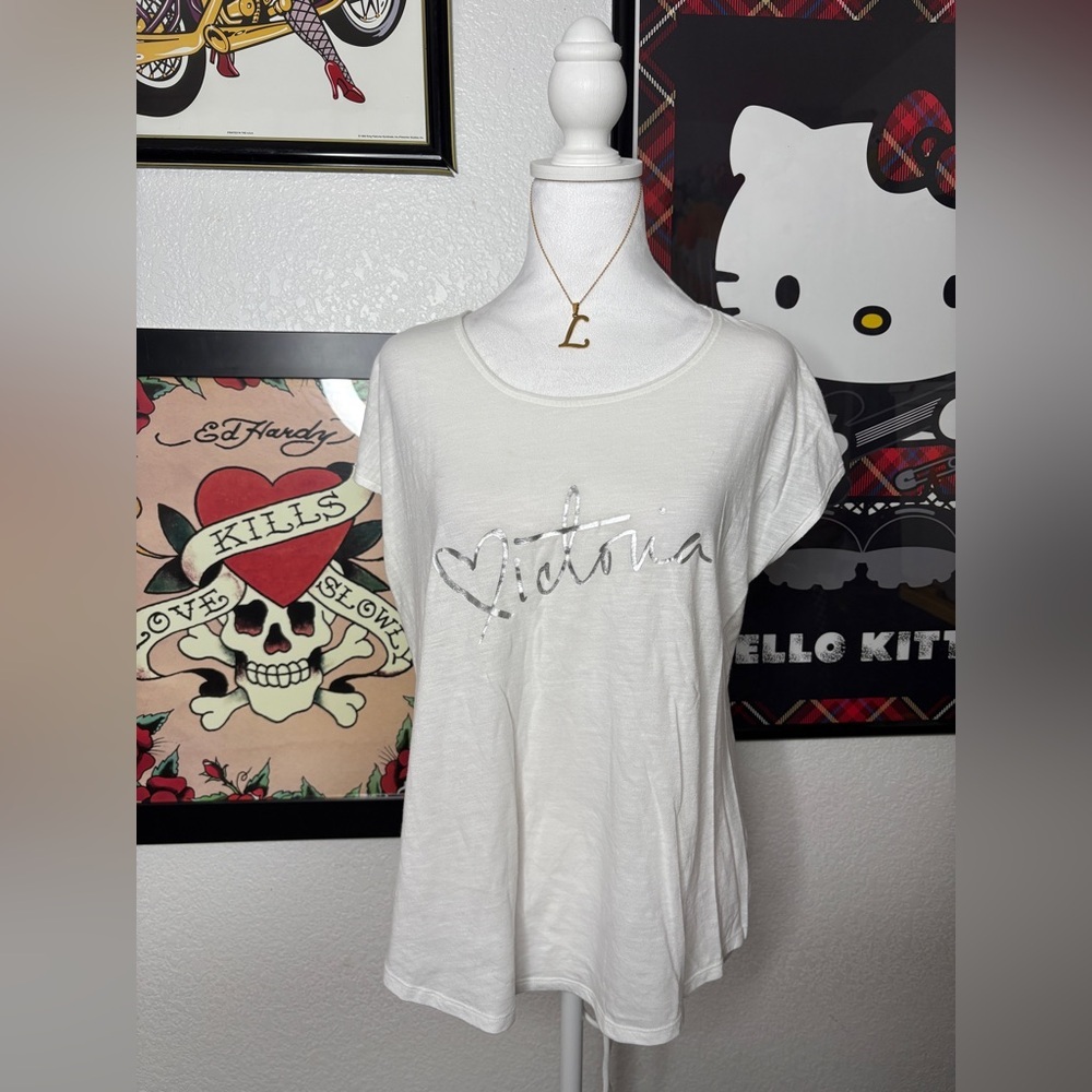 Victoria’s Secret White Silver Logo Graphic Tee Casual Relaxed Basic